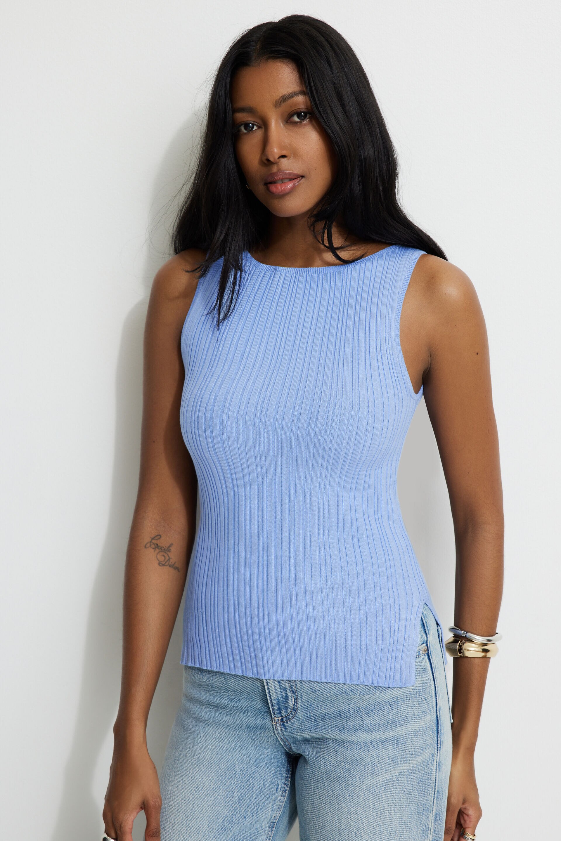Ribbed Boat Neck Tank Top Blue | Garage