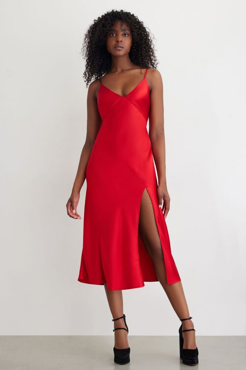 Outfit Red Slip Dress Maxi Satin V-Neck Maxi Slip Dress Red Garage