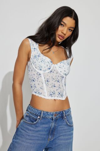 Puffie - Mesh Panel Lace Corset Camisole Top