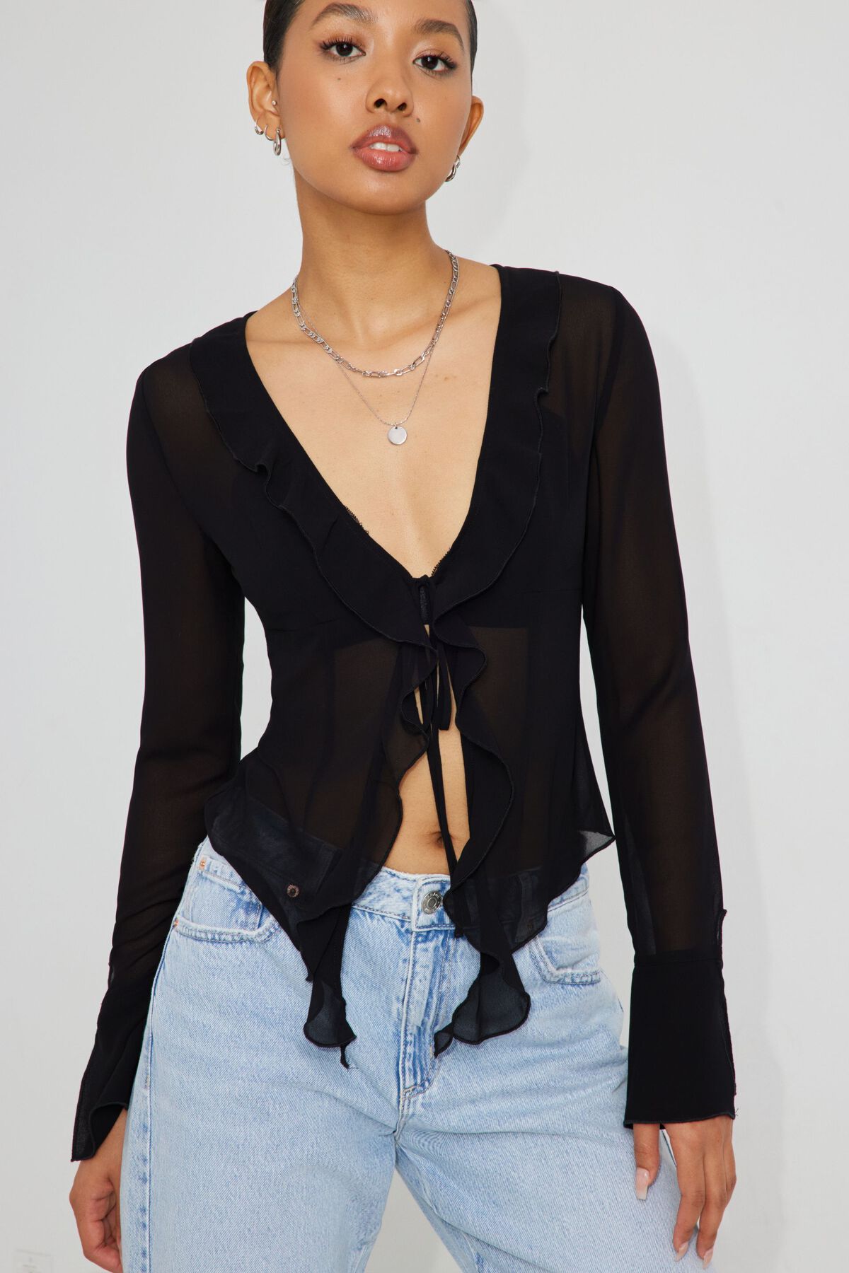 Unique Bargains Women's Long Sleeve Ruffle Mesh Top with Spaghetti Strap  Camisole L Black 
