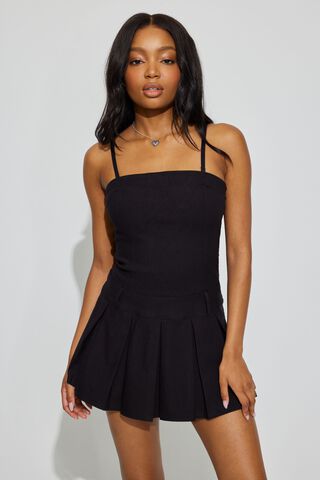 Pleated Drop Waist Mini Dress Black