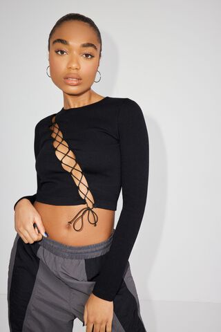 Diagonal Lace-Up Sleeve Top Black |