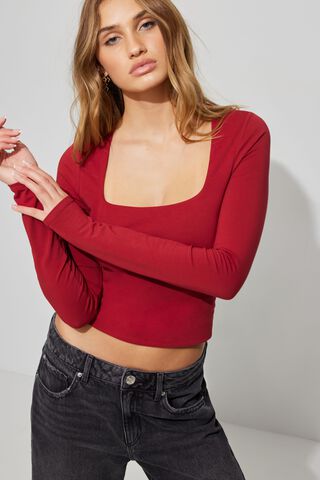 Portia Square Neck Long Sleeve Top Red | Garage