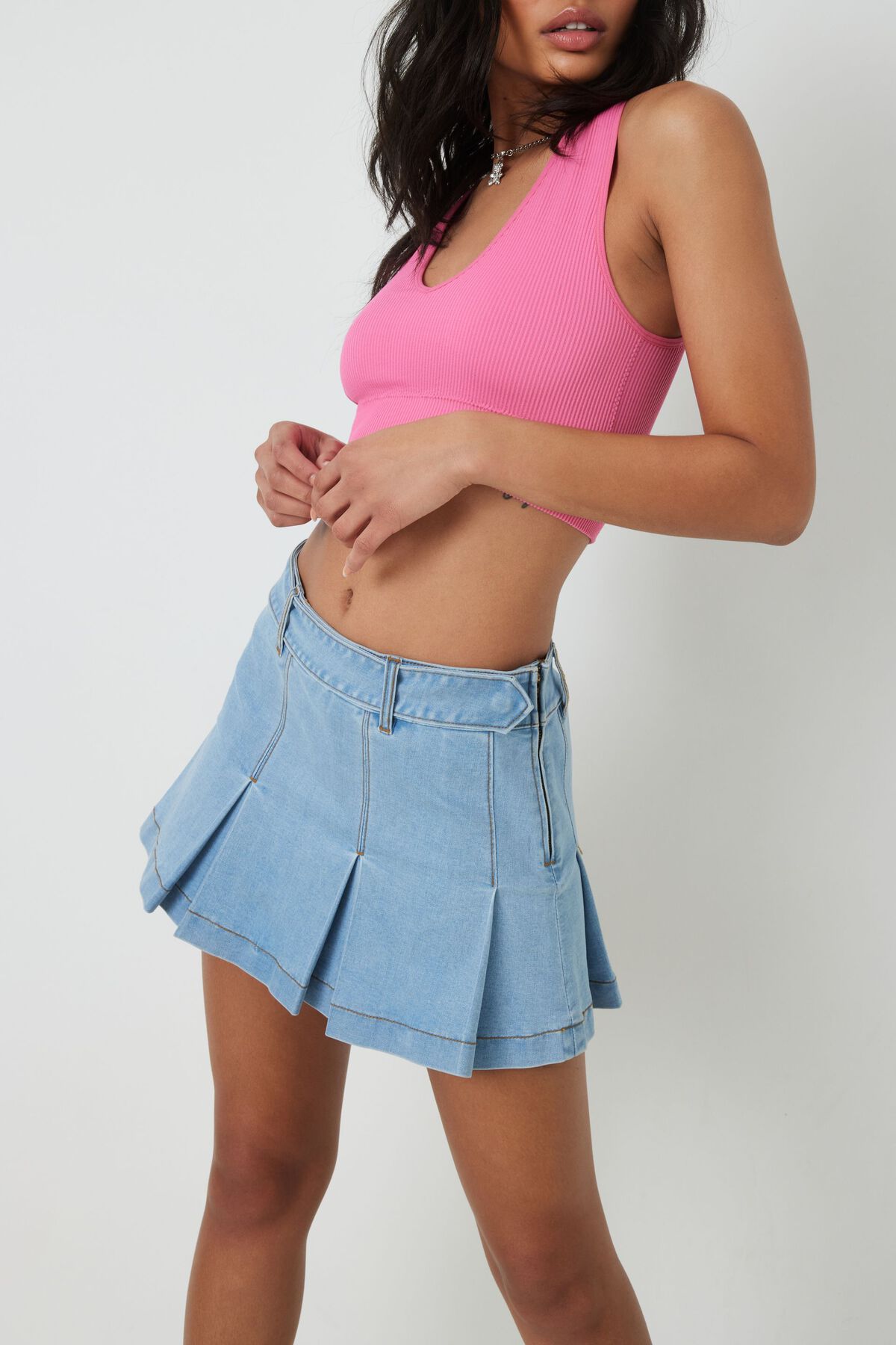 Denim Belted Pleated Micro Skirt - Ayla Blue