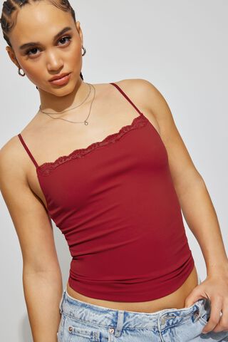 Straight Neck Lace Trim Cami Top Red