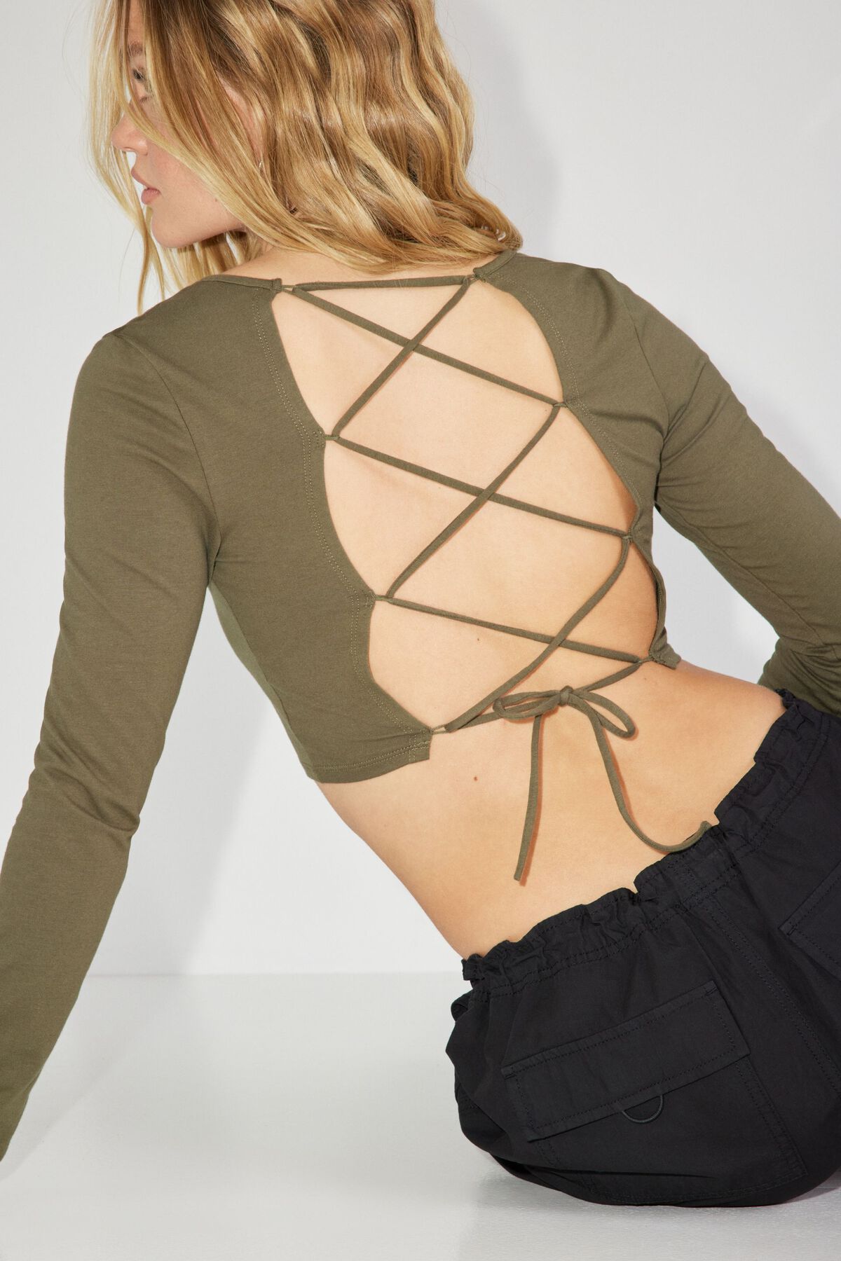 Strappy Back Long Sleeve Top Green