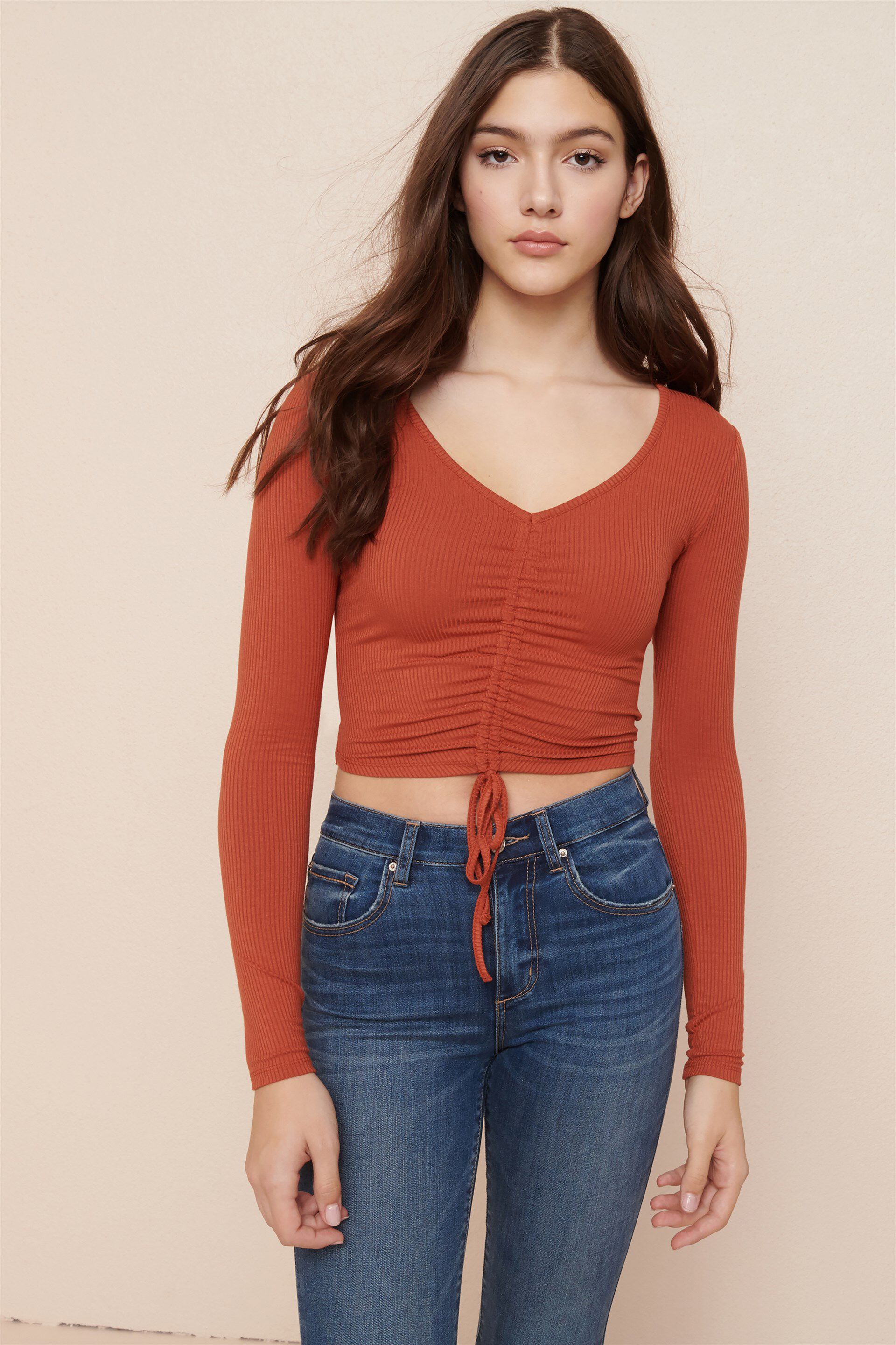 ruched front top long sleeve