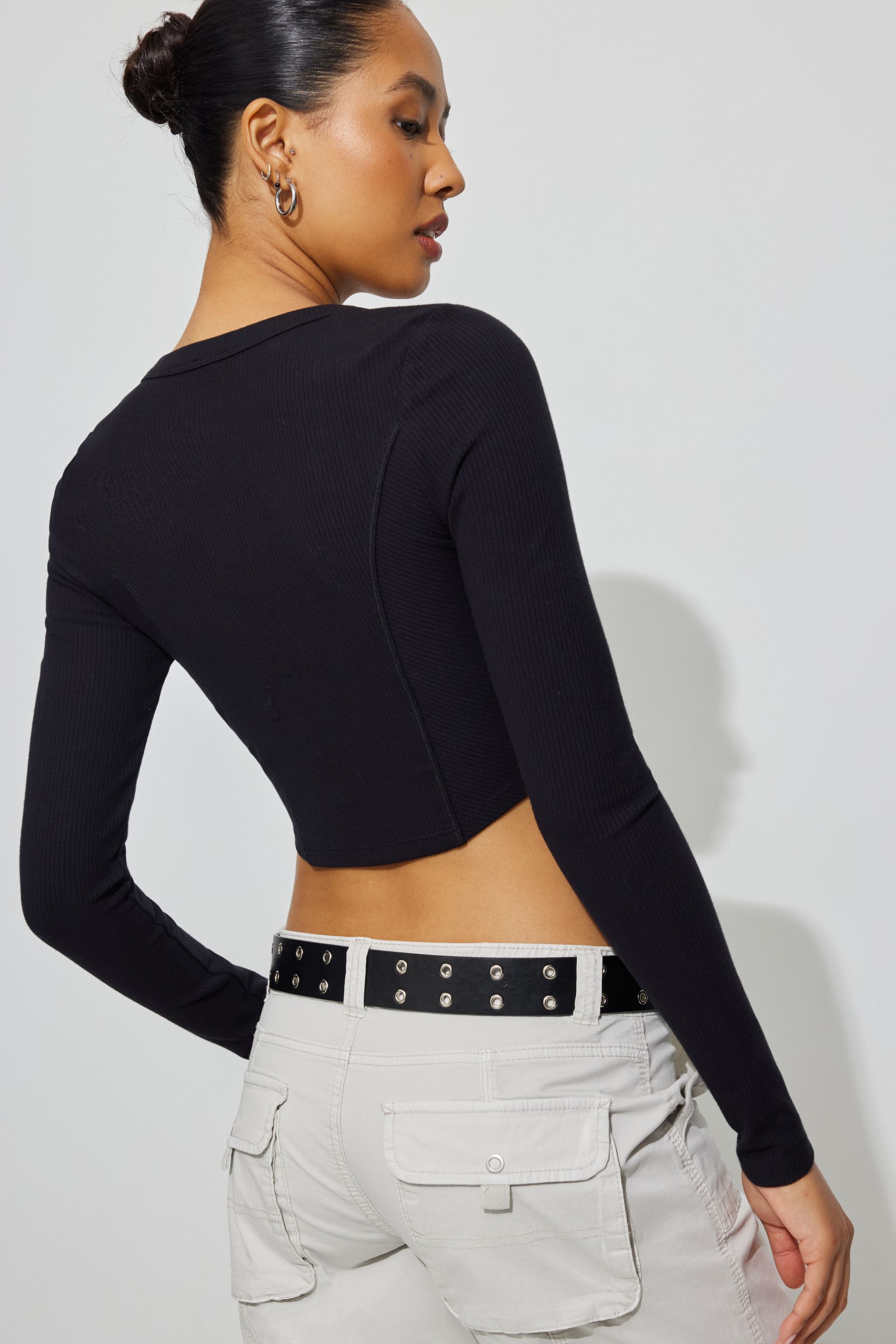 Notch Front Long Sleeve Top Black