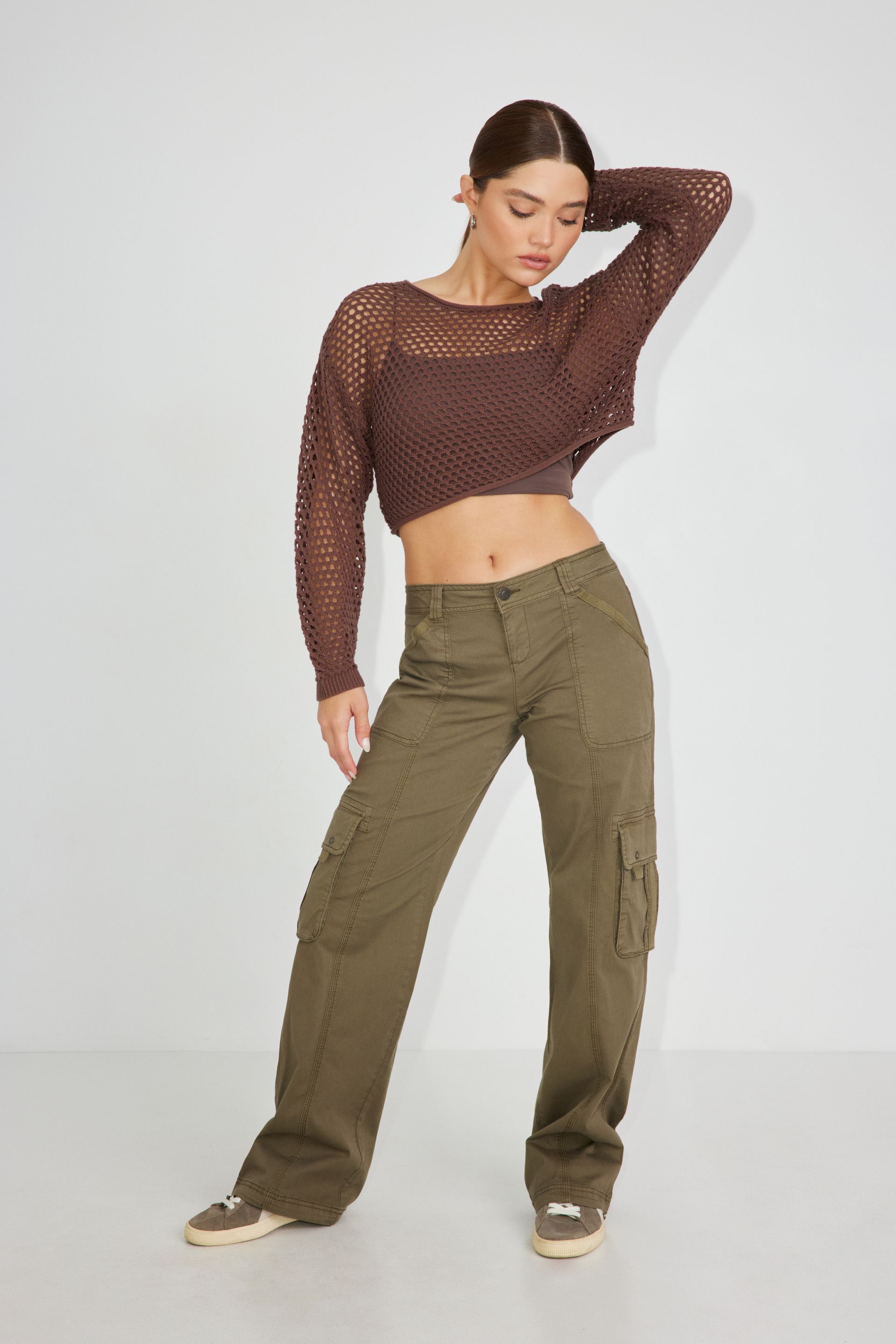 Pobblebonk - Long-Sleeve Plain Cropped T-Shirt / Low Rise Loose Fit Cargo  Pants | YesStyle