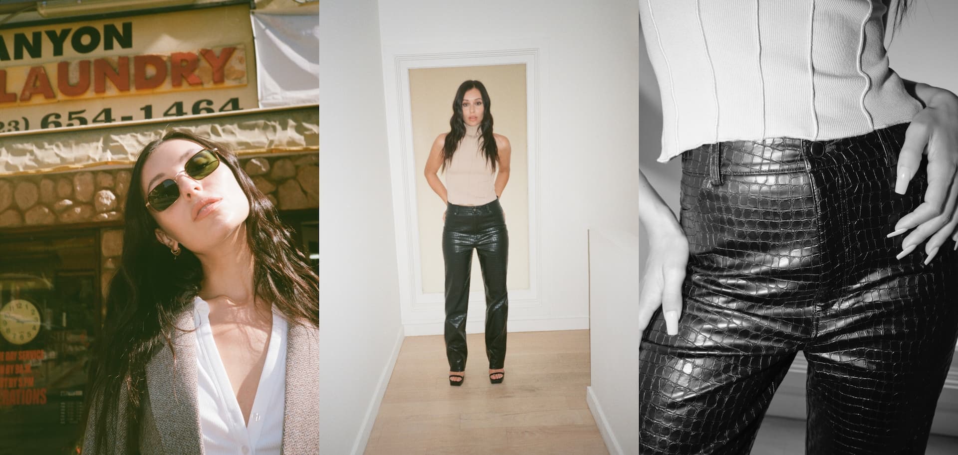 Marta outside in sunglasses; Marta in exposed seams tank and leather pant; Marta in faux leather croco pant.