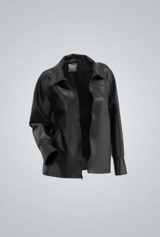3D image of a black faux leather jacket.