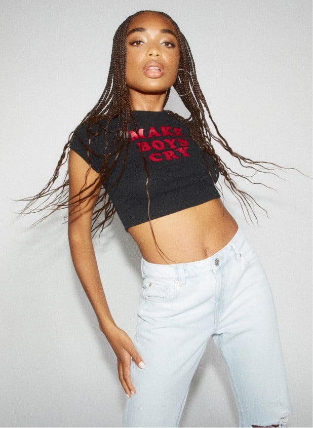 Model is wearnig a graphic tee that says Make Boys Cry.