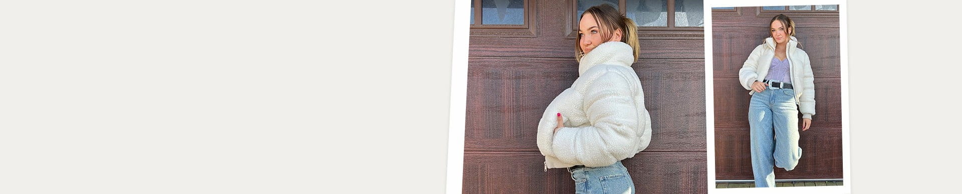 Alyssa McKay porte un manteau matelassé blanc, un haut corset lavande et un jean ample pâle avec des espadrilles blanches.