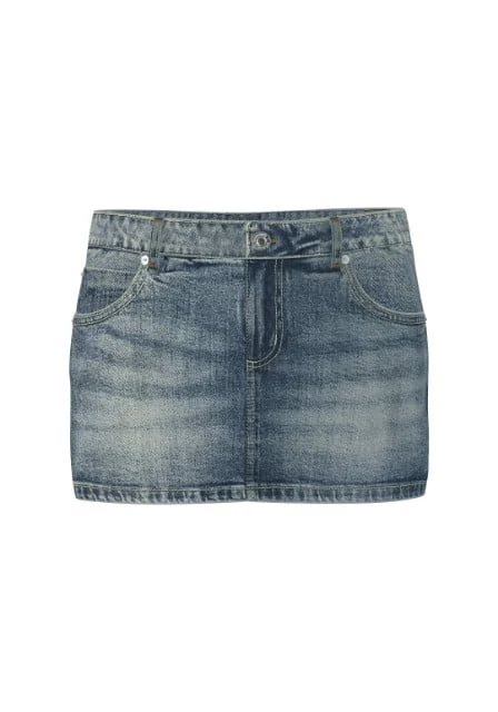 A dark blue denim skirt.