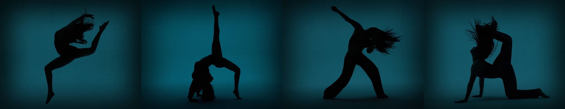 Silhouettes of models dancing and posing with a teal backdrop.