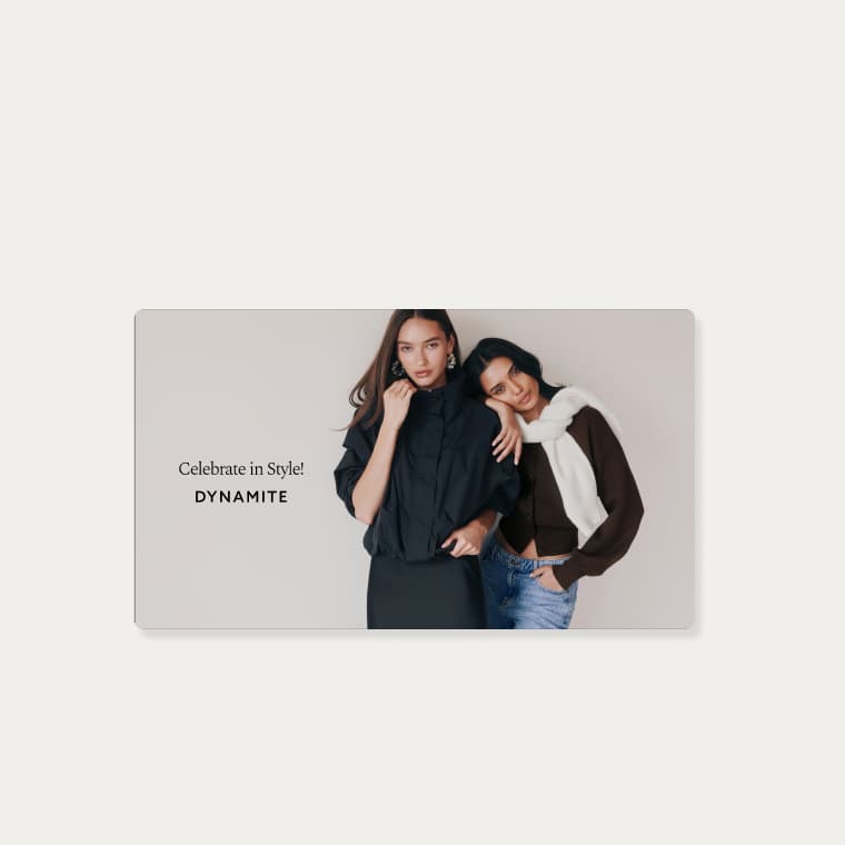 A gift card with an image of Model on the left is wearing a black oversized jacket and black maxi skirt. Model on the right is wearing a brown cardigan and light wash jeans.