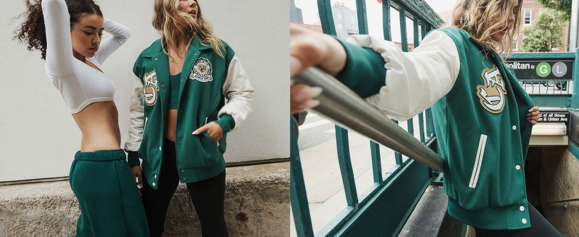 Model on the left is wearing a white top and model on the right is wearing a green varsity jacket.