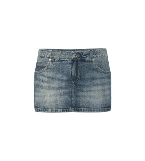 Faded denim mini skirt.