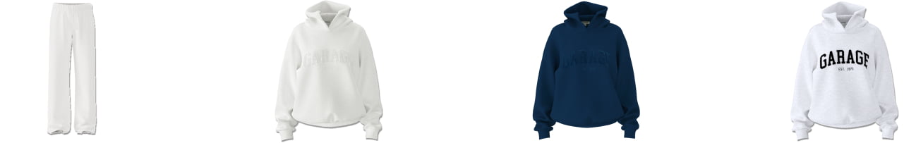 White sweatpants. White GARAGE branded hoodie. Navy hoodie. Light grey hoodie with navy GARAGE logo.