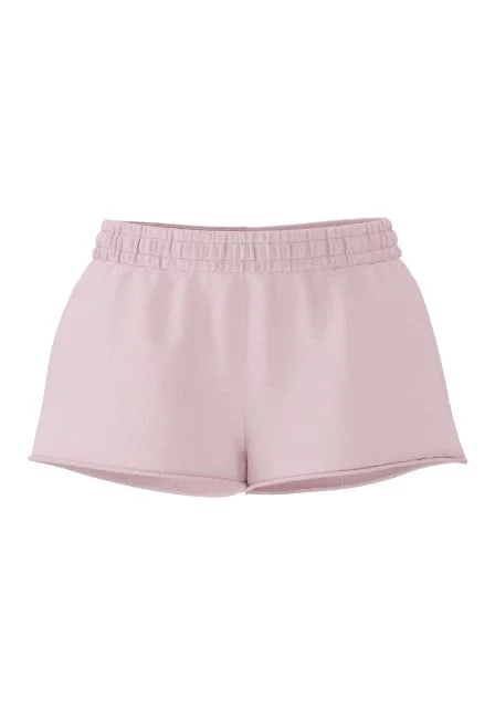 A pair of light pink sweat shorts.