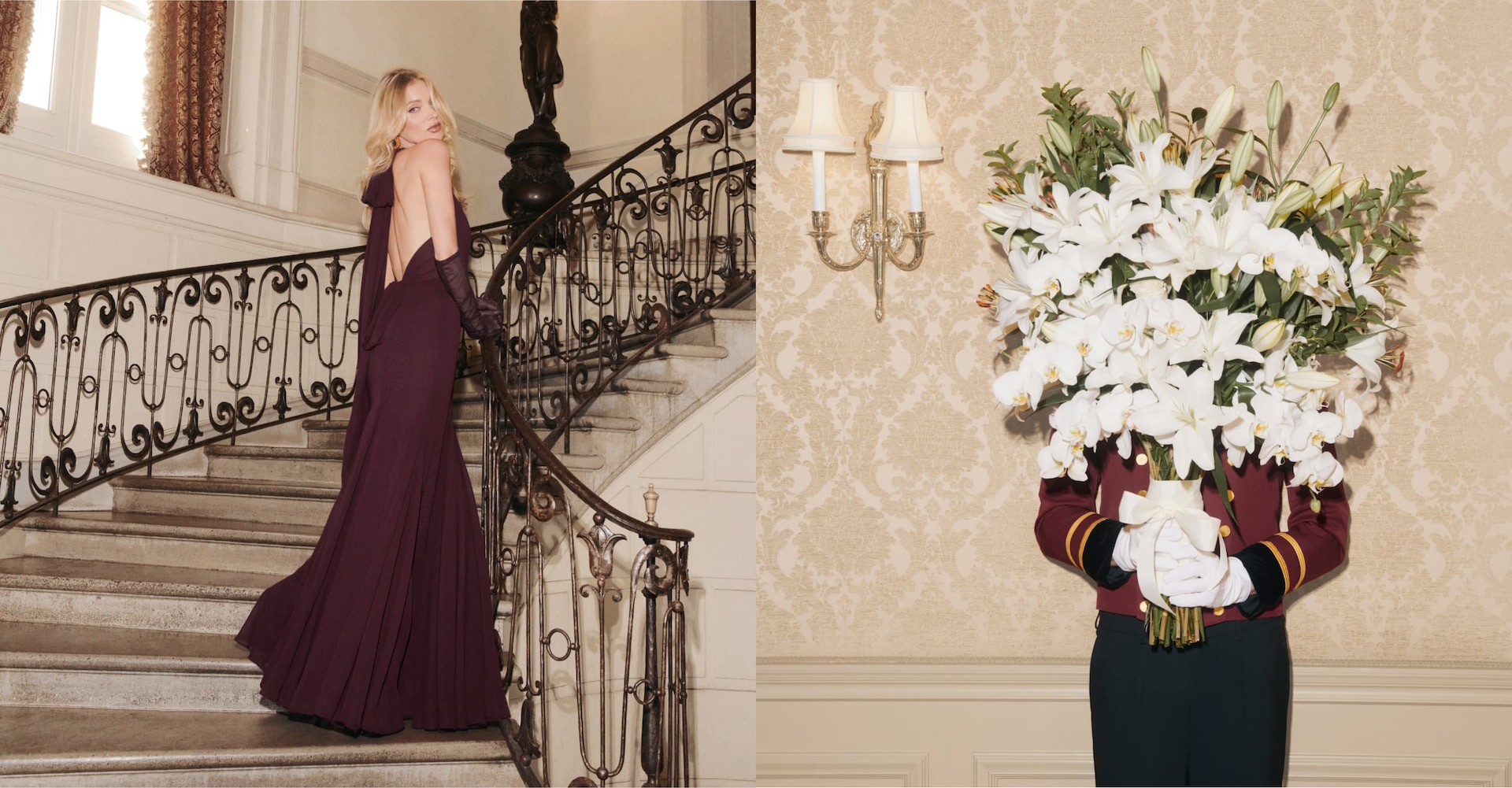 Model is wearing a burgundy halter maxi dress.