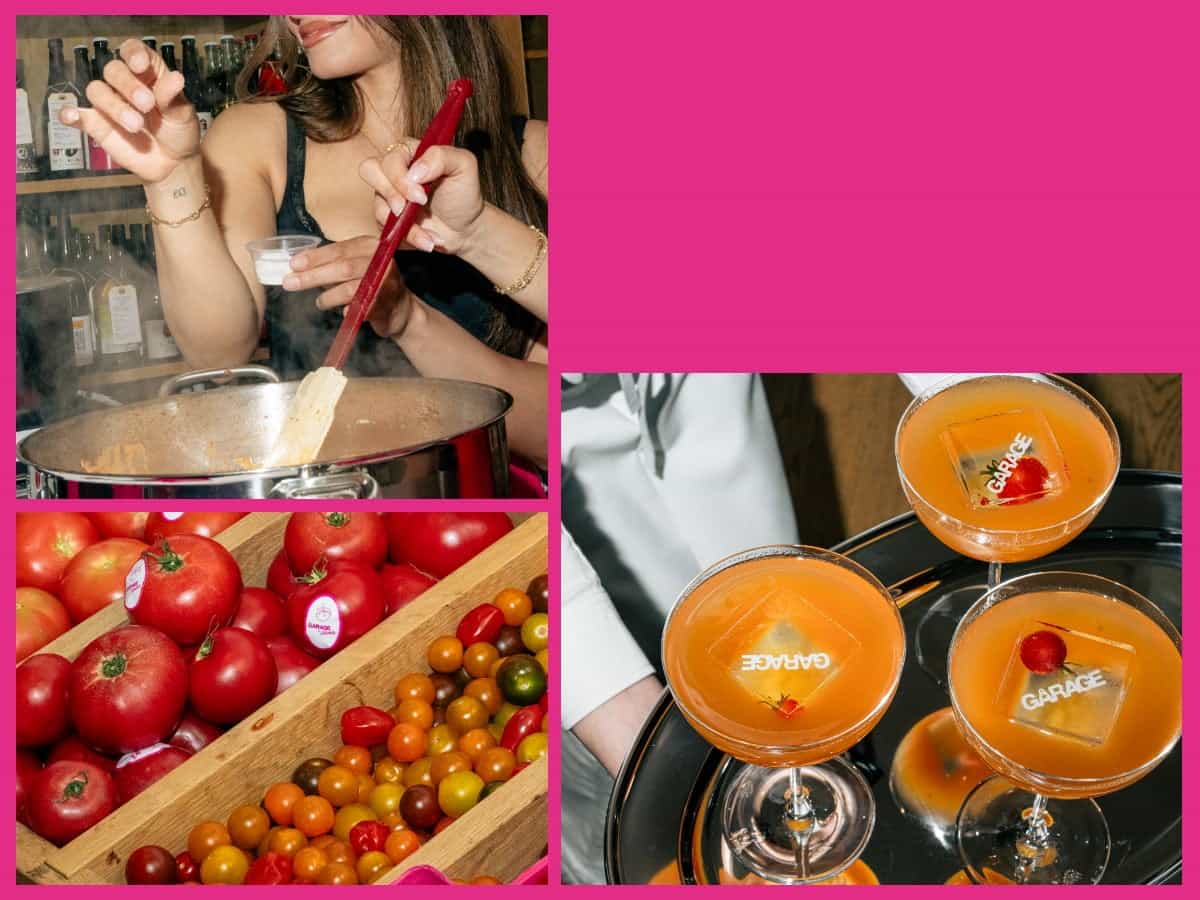 Collage of photos with a girl stirring a sauce, a basket of tomatos, and cocktails.