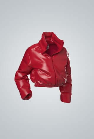 3D image of a red cropped puffer coat.