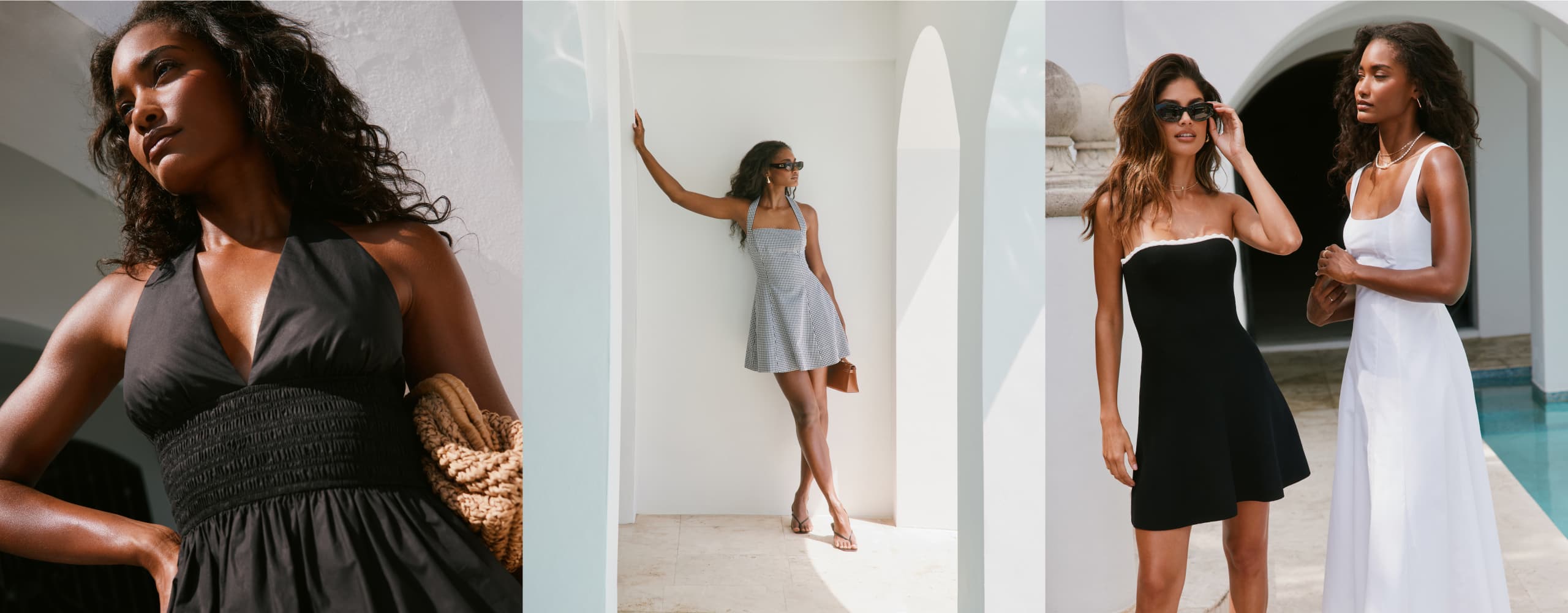 Model on the left is wearing a black and orange printed maxi dress. Model in the middle is wearing a blue denim shirt. Model on the right is wearing a beige cable knit sweater and a blue denim mini skirt.