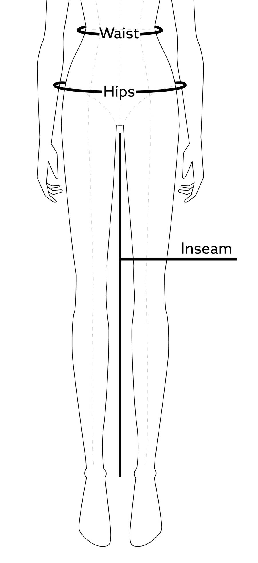 A silhouette of a mannequin with lines on the waist and hips indicating where to measure.