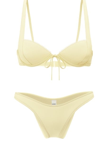 A yellow bikini top with shoulder straps.