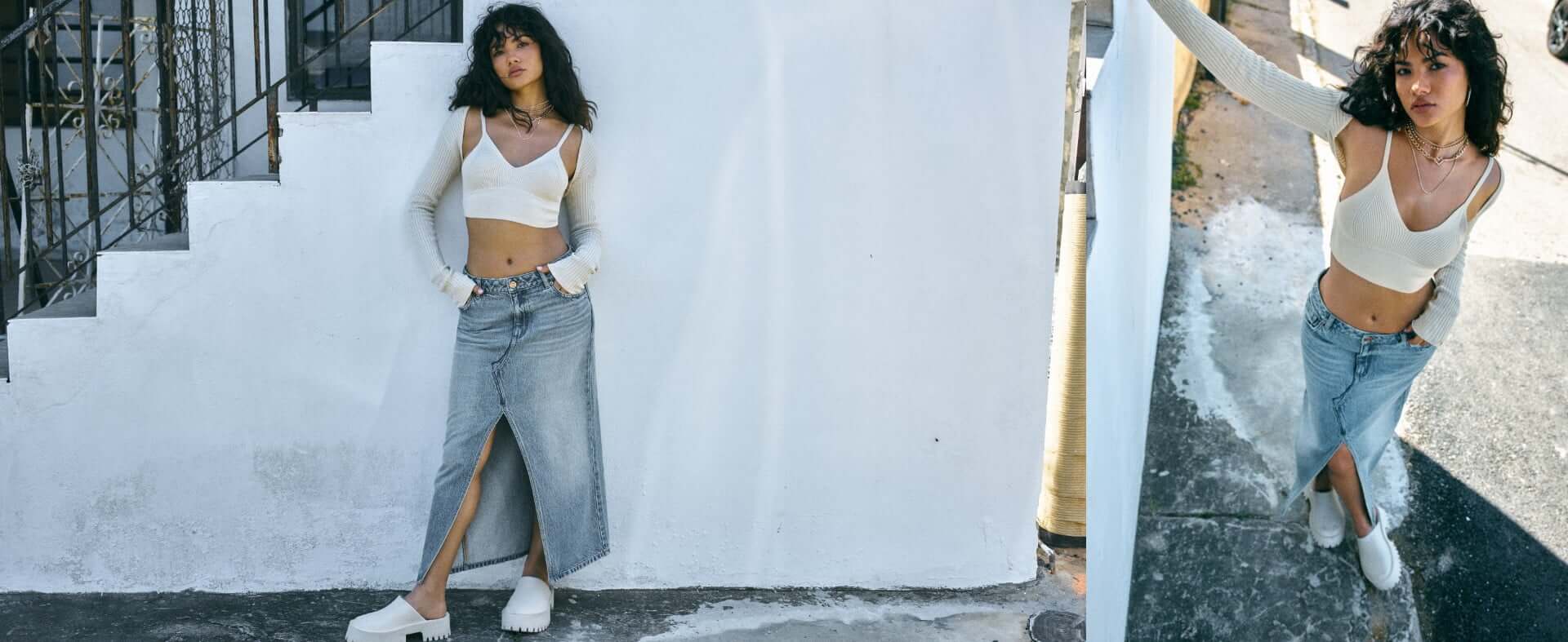 Model is wearing a crop top, a shrug, and denim skirt.