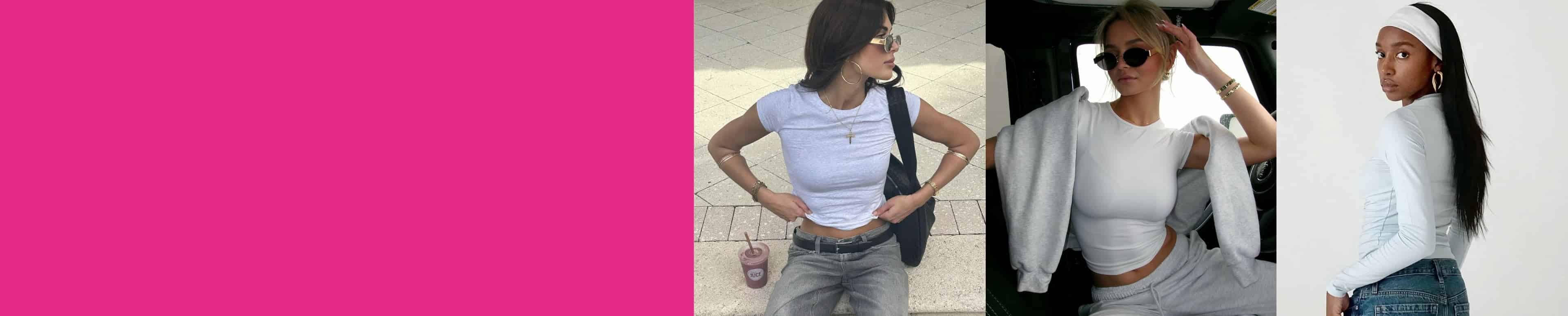 Girls pose in white shirts, denim, and sweats from Garage.