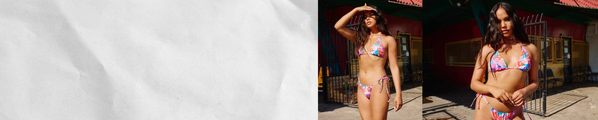 Model is wearing a printed bikini.