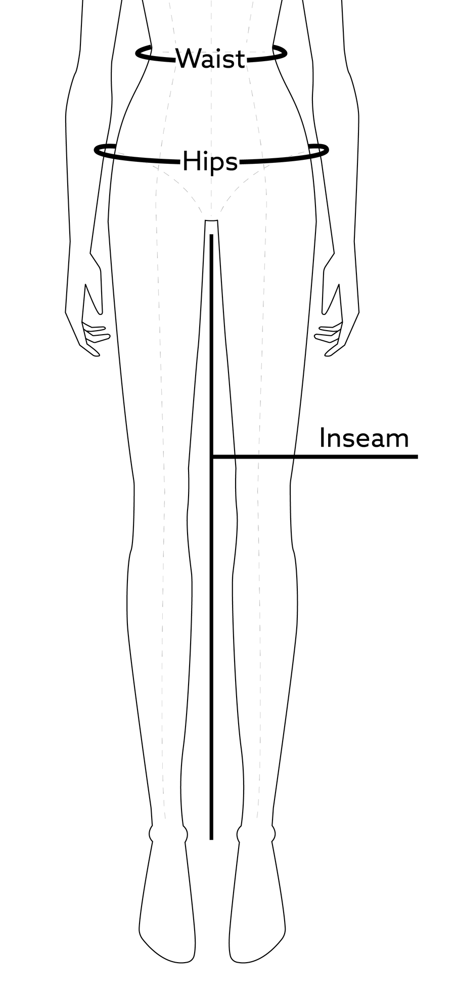 A silhouette of a mannequin with lines on the waist and hips indicating where to measure.