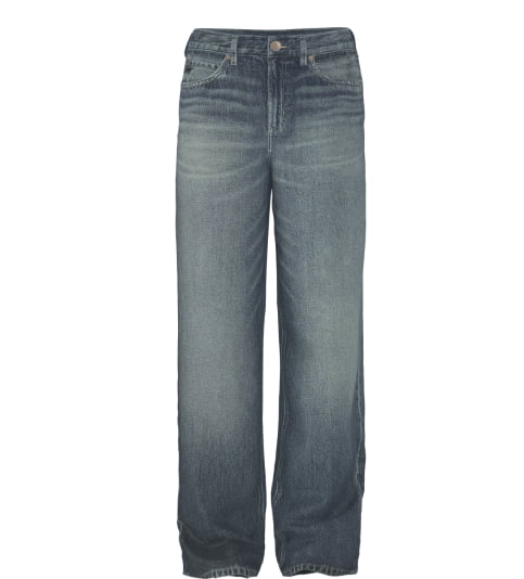 Dark wash faded jeans.