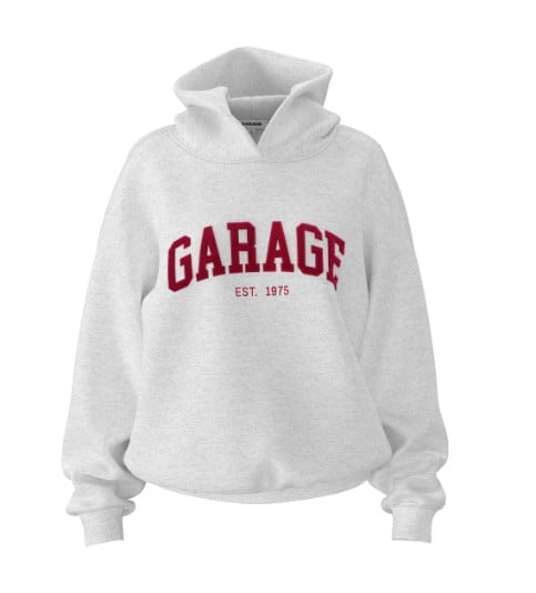 White graphic GARAGE hoodie.