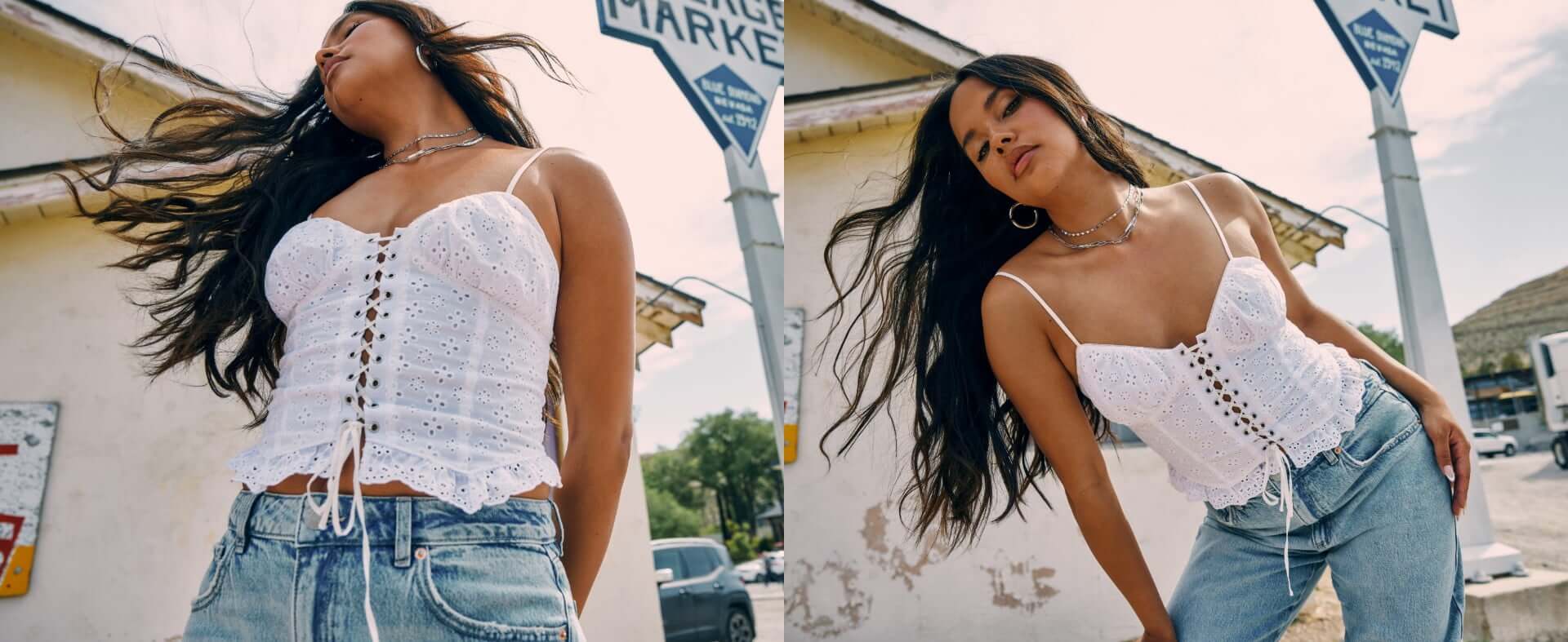 Model is wearing a white detailed sleeveless top.