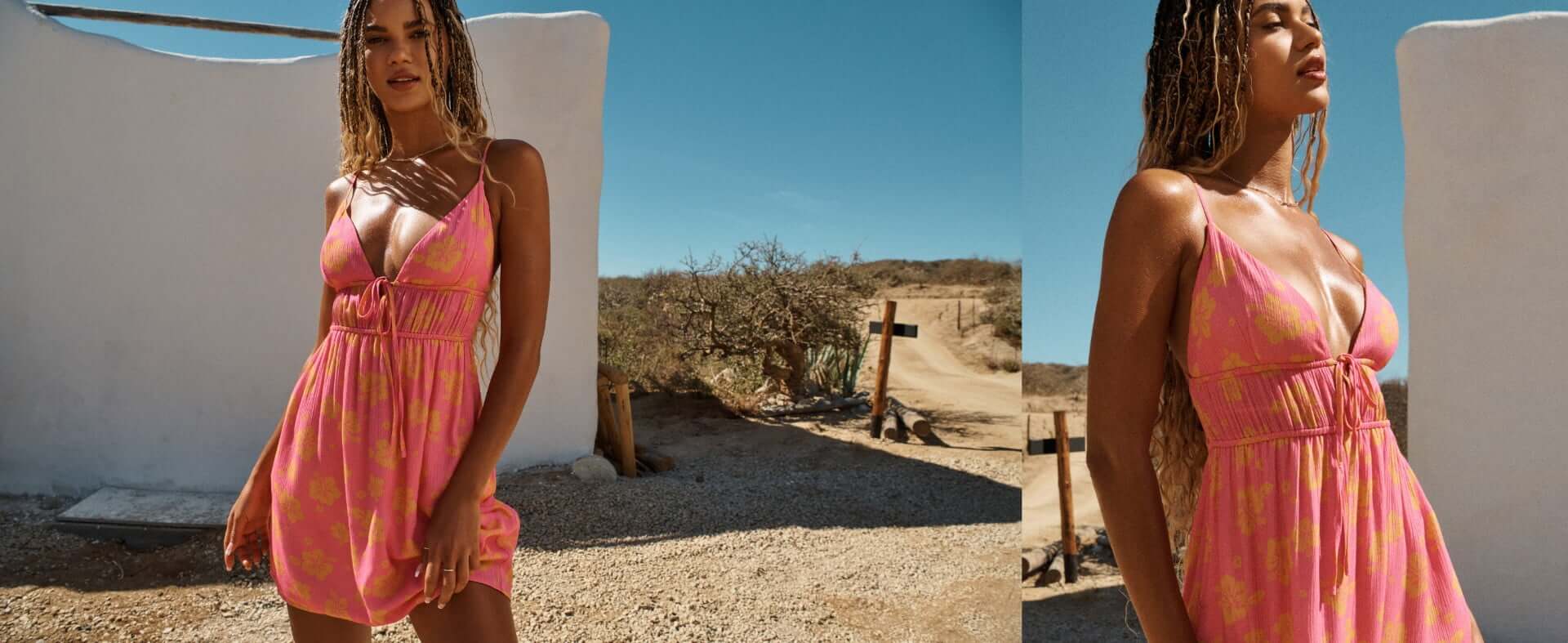 Model wearing a pink dress.