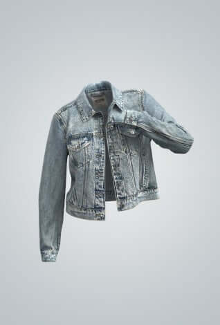 3D image of a medium wash denim jacket.