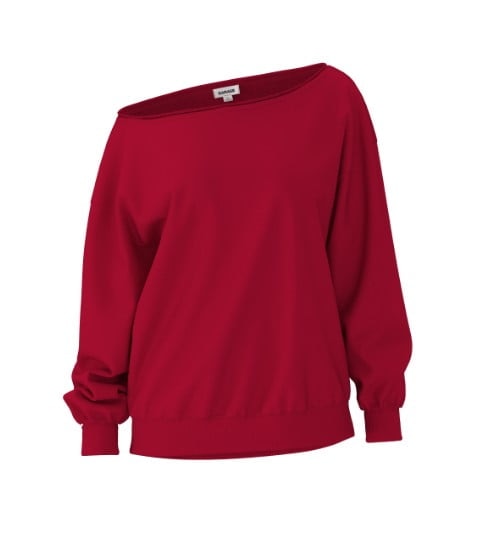 Red off the shoulder sweater.