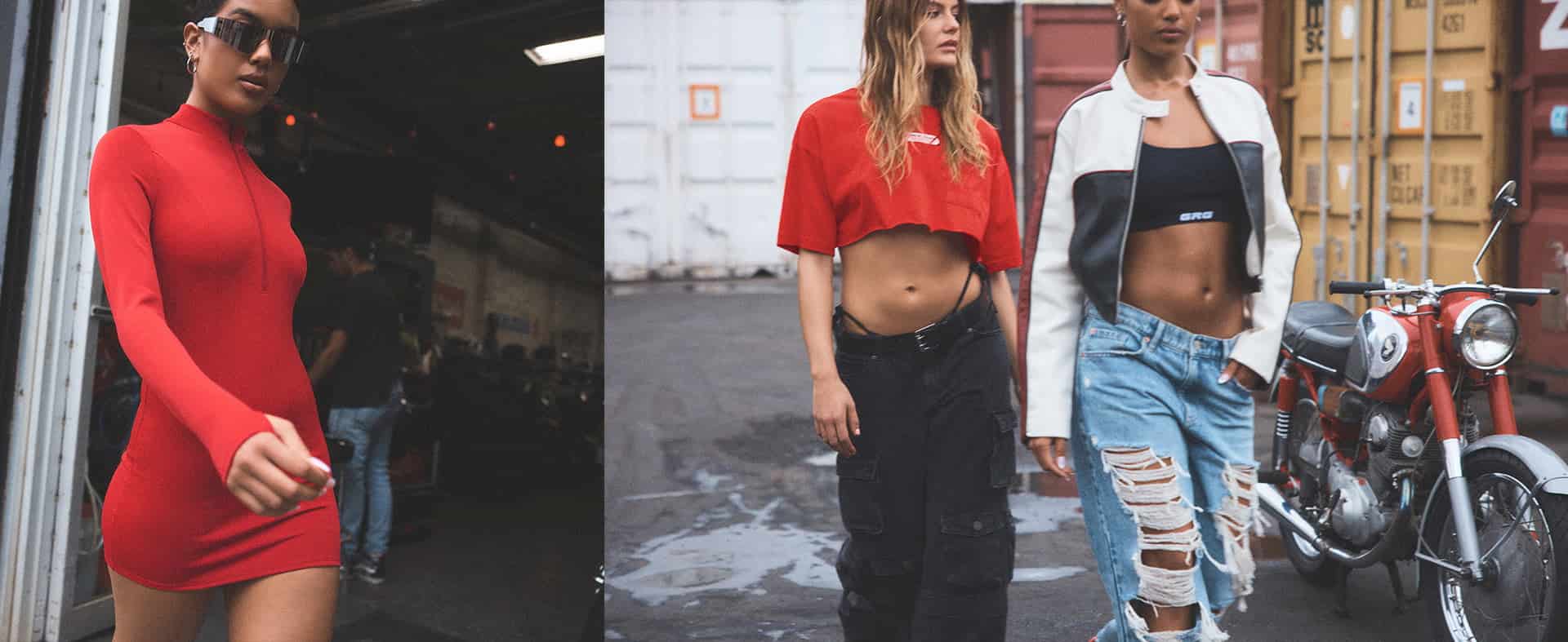 Model 1 is wearing a long sleeve and high neck red dress. Model 2 is wearing a red oversized crop t shirt and black cargos. Model 3 is wearing a faux leather jacket, black crop tank, and a ripped jeans.