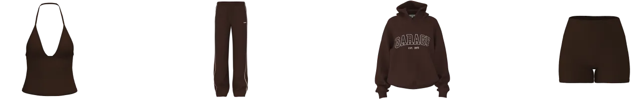 Brown tank top. Brown sweatsuit. Brown shorts.