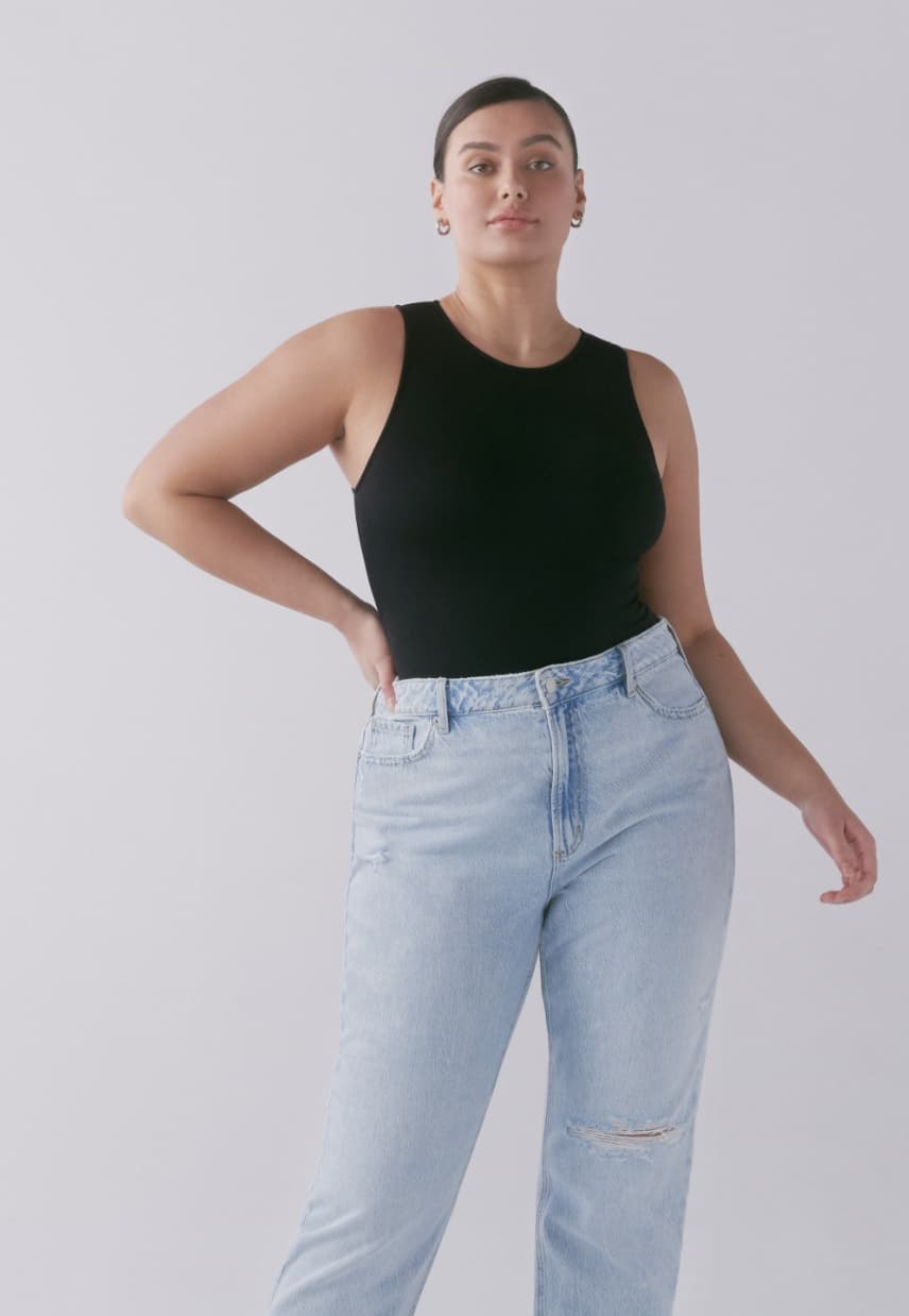 A model wears the Chiara slim straight jeans.