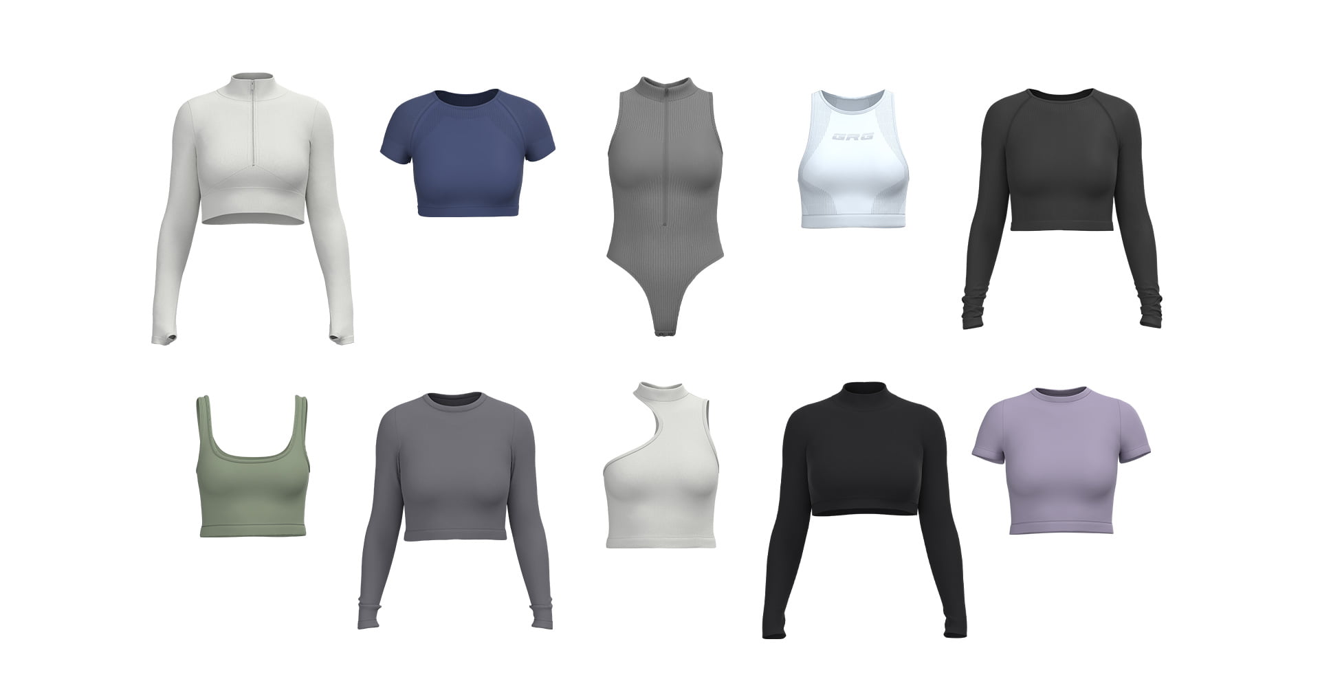 3D images of 10 various seamless fitted tops.