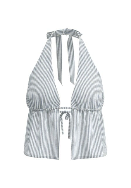 A white halter top with a front drawstring.