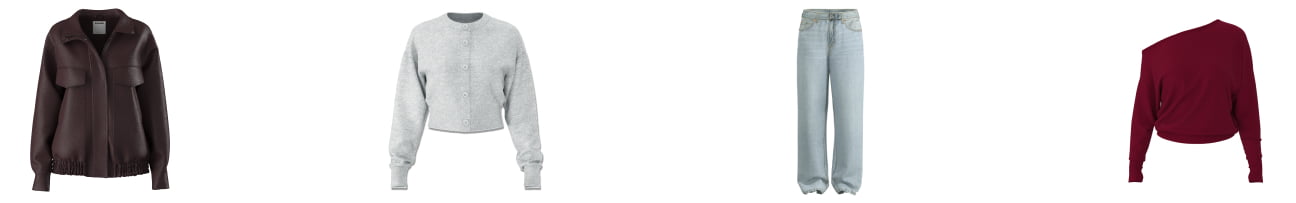 A black bustier, a grey cropped cardigan, a denim mini skirt, and baggy brown jeans.