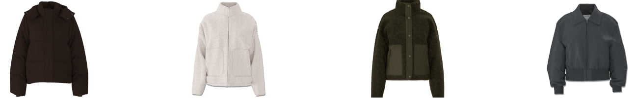 Sherpa fleece jackets, a black puffer vest, and a dark grey nylon bomber jacket.