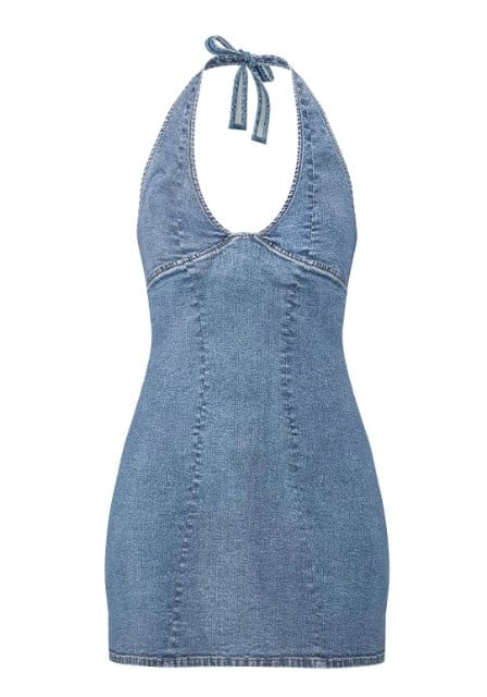 A blue denim short dress.