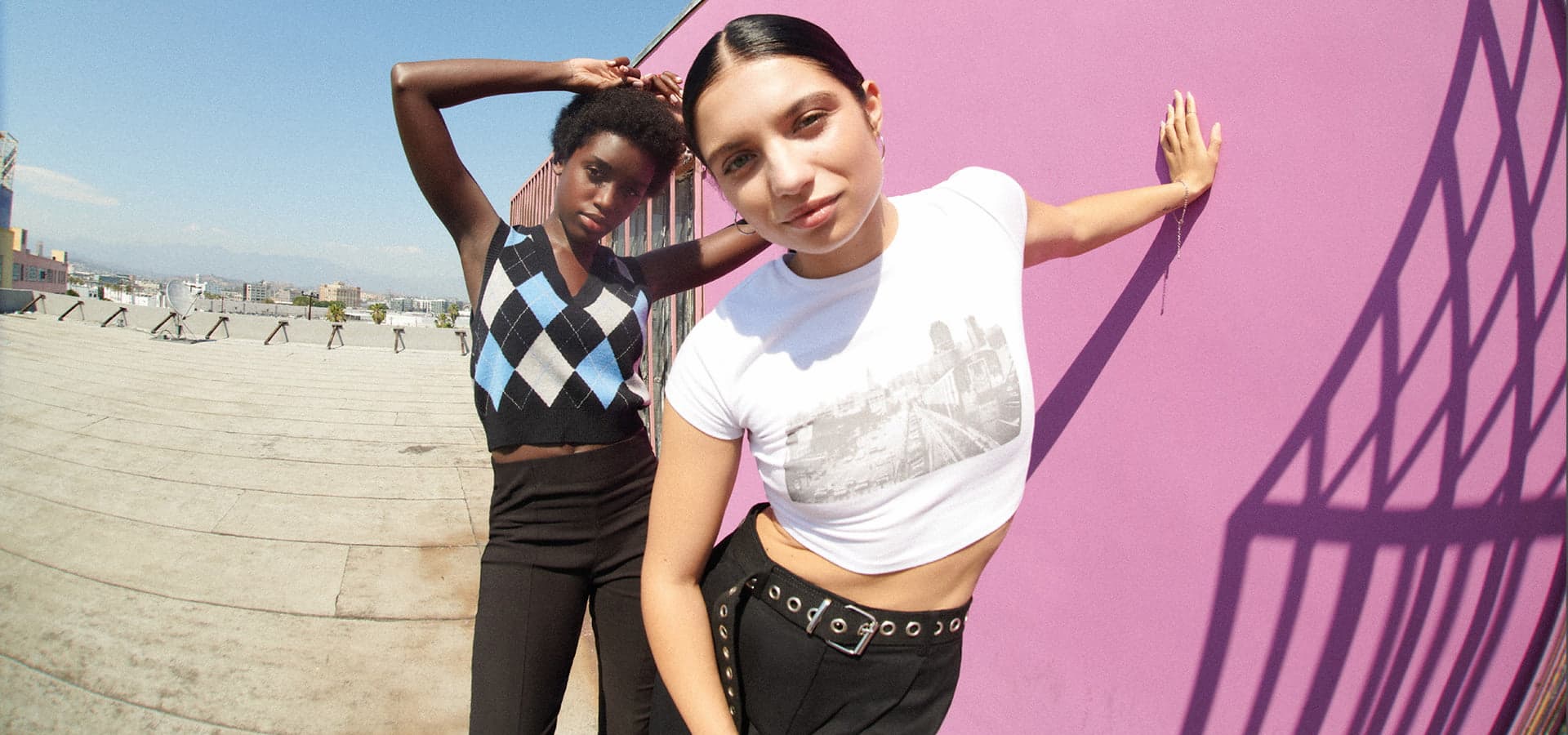Ganna and Sparkle from the Garage Fall 2021 campaign pose in L.A. Garage Fall 2021 campaign