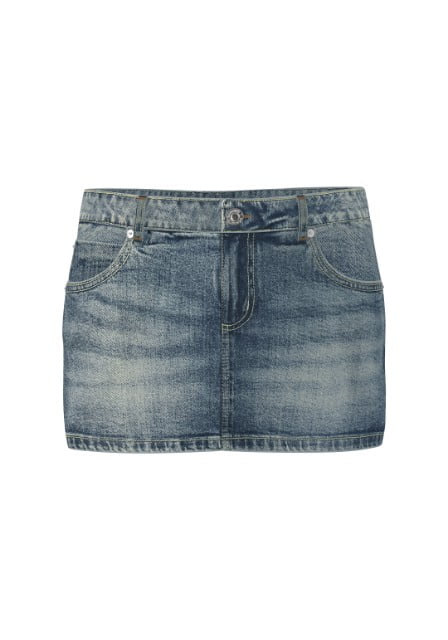 A dark blue denim skirt.